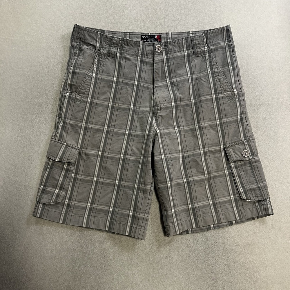 Vintage Anchor Blue Skate Cargo Shorts Men's Size 38 Gray Plaid Baggy Skater Y2K